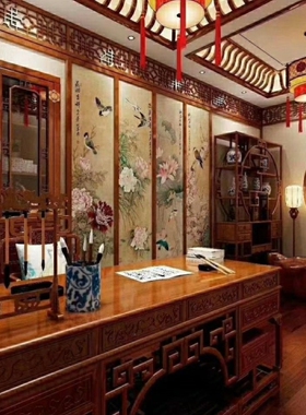 中式原木整装红木吊顶花格护墙板家具客厅玄关背景墙东阳木雕现货