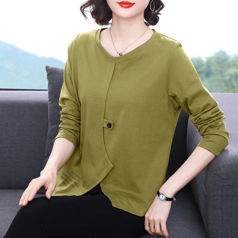 纯棉长袖t恤女装2024春秋新款妈妈不H规则上衣大码胖mm宽松打底衫