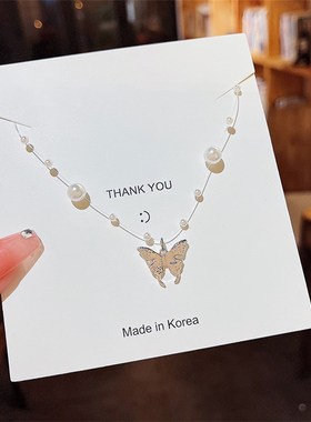 轻奢仙气蝴蝶珍珠项链小众设计感锁骨链冷淡风2O024年新款潮颈链