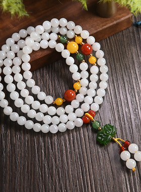 天然和田白玉手串108颗多圈y手錬个性高级感时尚百搭女款手珠链串