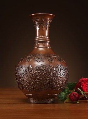 紫铜缠枝莲花瓶摆件新中式家居客厅办公室装饰品摆设开业乔迁礼品