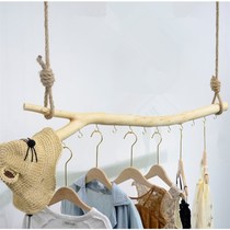 German Import Clothing Shop Hanging Clothes Pole show Brief about solid wood Ceiling Wooden Stick Womens upper wall Hemp Rope hanger