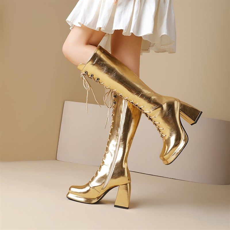 模特表演比赛大码走秀高跟女鞋金色银色亮漆皮长靴粗跟高筒马丁靴,淘宝优惠券,粉丝福利购,淘宝优惠卷