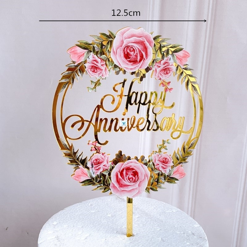 网红New Happy Anniversary Cake Topper Color Flowers Acrylic - 图1