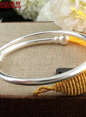 纯手工定制990纯银细手镯可调节 纯银手镯男女款实心光面可加铃铛