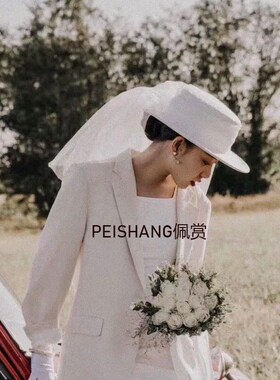 白色帽式礼帽头纱婚纱q礼服短款影楼拍照造型款婚礼新娘头纱配饰