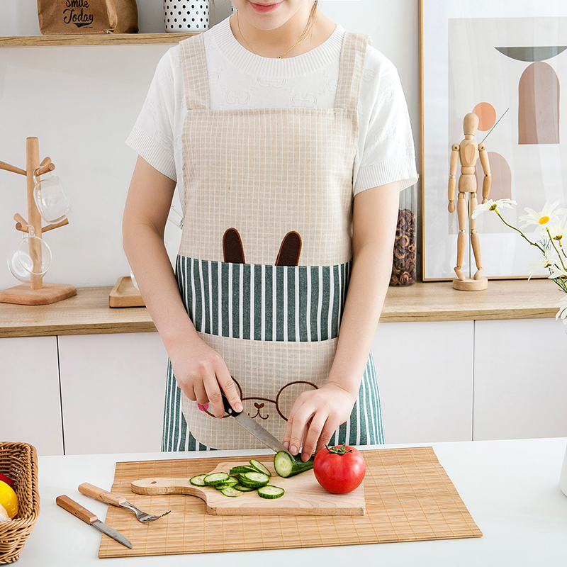 围裙女时尚背带布艺简约棉麻厨房防油咖啡店工作服店服文艺围裙 - 图0