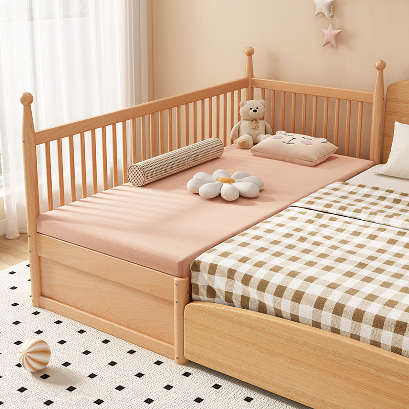 实木拼接床婴儿加宽床边带护栏可储物男女孩榉木宝宝儿童拼接大床,淘宝优惠券,粉丝福利购,淘宝优惠卷