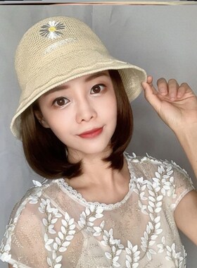 化疗帽子盆帽假发帽子可拆卸带头发的帽子夏款草帽折叠透气薄女士