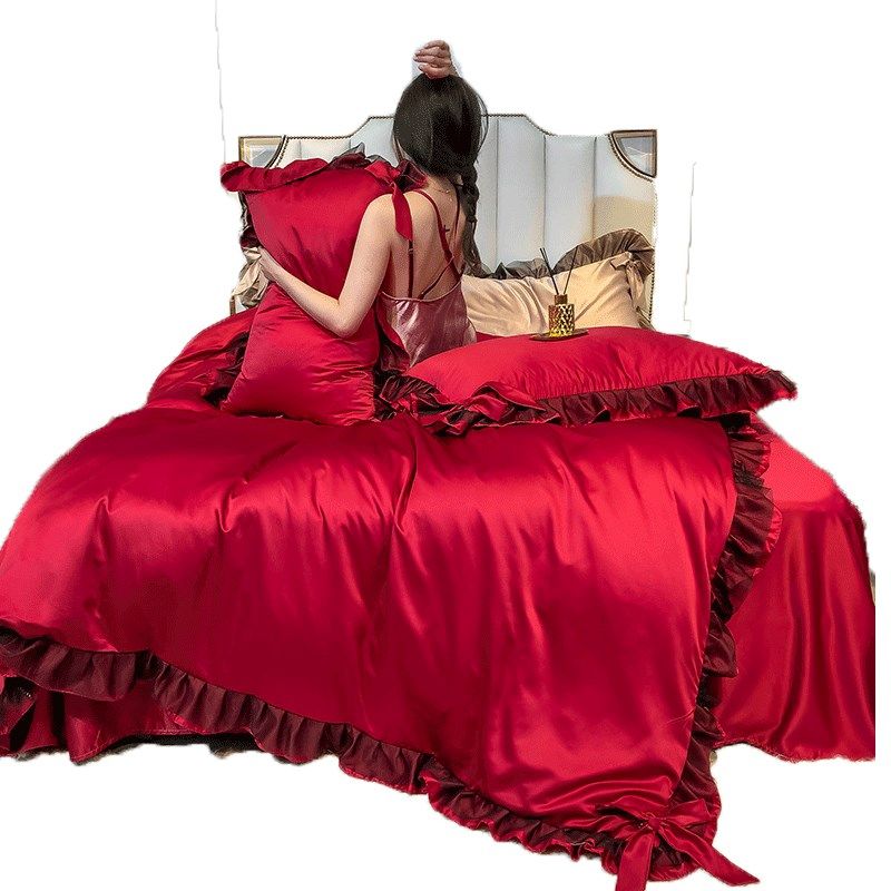 婚庆冰丝四件套结婚大红色床单被套床裙1.8米床笠婚房夏季4件套,淘宝优惠券,粉丝福利购,淘宝优惠卷