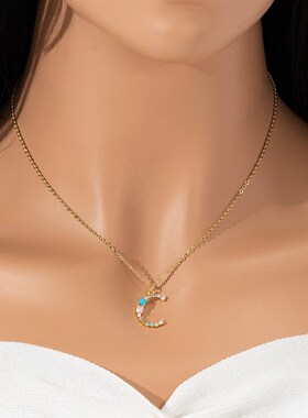 跨境欧美铜镶钻彩色锆石字母项链个性英文L吊坠小众嘻哈锁骨链饰