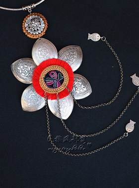 百搭云南复古民族风夸张苗银大项圈花朵吊坠项链女演出舞台配饰品