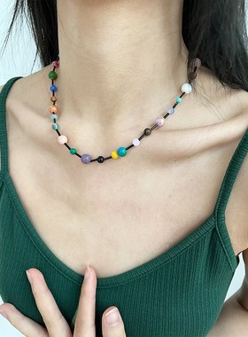 彩色多巴胺糖果串珠夏日小清新项链甜美少女感百搭小圆珠锁骨链