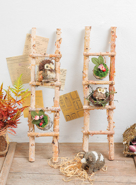 北欧装饰实木梯子木质楼梯直梯民宿挂衣架置物Q架拍摄道具庭院摆