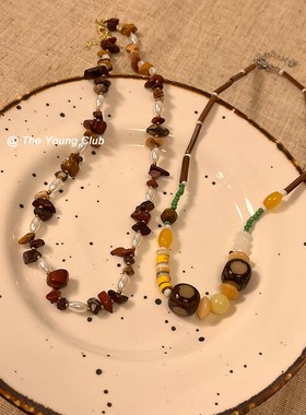 波西米亚复古文艺串珠p项链女新中式小众叠戴木头锁骨链脖颈链配