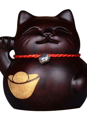 黑檀木雕招财对猫摆件实木雕刻开业送礼品店铺收银台家居发财对猫