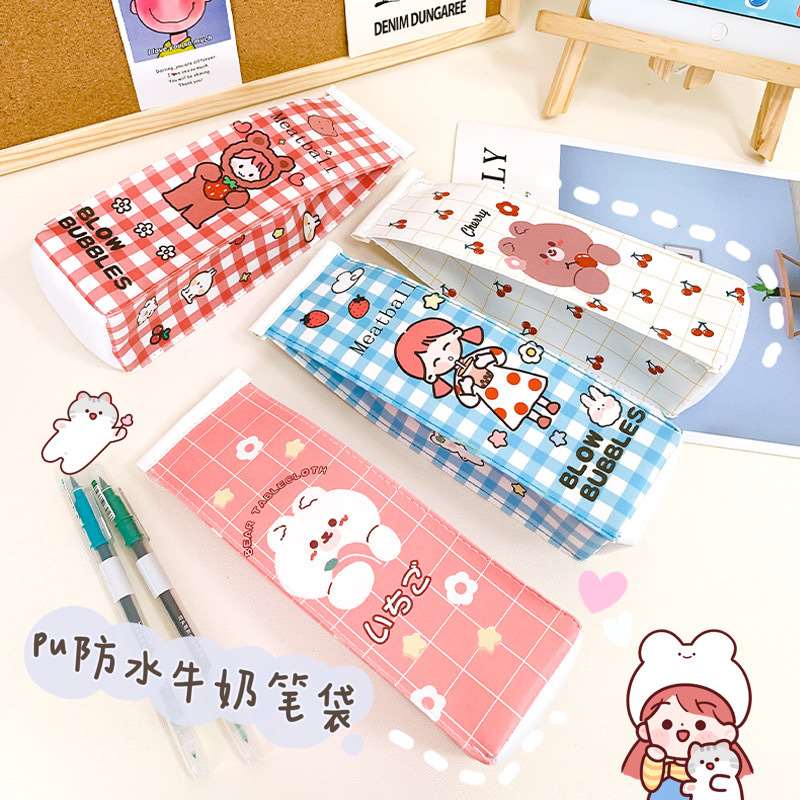 新品Cartoon plaid ilk pencil case cute large-capacity storag - 图2