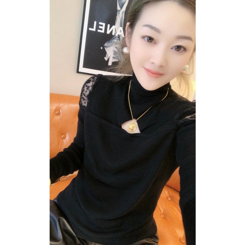 秋冬款胸前镂空针织衫长袖女露肩蕾丝拼接内搭毛衣高领打底衫上衣,淘宝优惠券,粉丝福利购,淘宝优惠卷