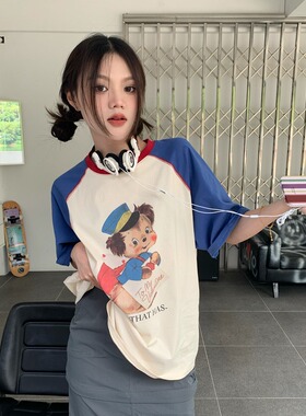 潮牌撞色拼接卡通印花短袖T恤女夏季2023新款圆领宽松设计感上衣