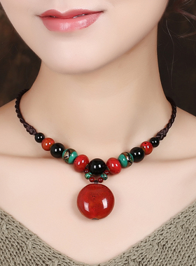 装饰项链短款百搭时尚女锁骨链个性多G宝陶瓷吊坠复古民族风脖子