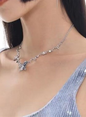 高品质立体碎钻渐变冰源蓝色蝴蝶锁骨链小众手链时尚项链开口戒指