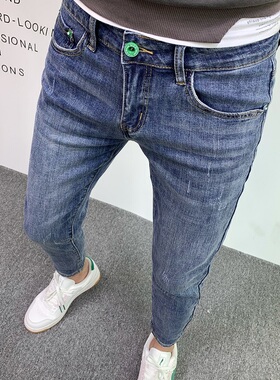 潮牌牛仔裤男春夏高端潮流韩版弹力百搭J休闲九分裤蓝色修身小脚