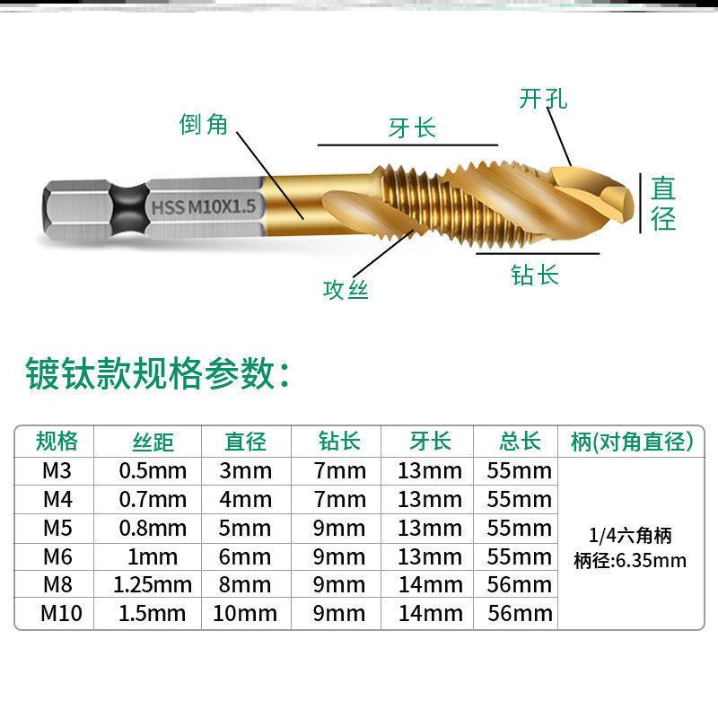 三合一高速钢机用丝锥攻钻头攻牙复合钻攻倒角一体螺旋镀钛丝锥T