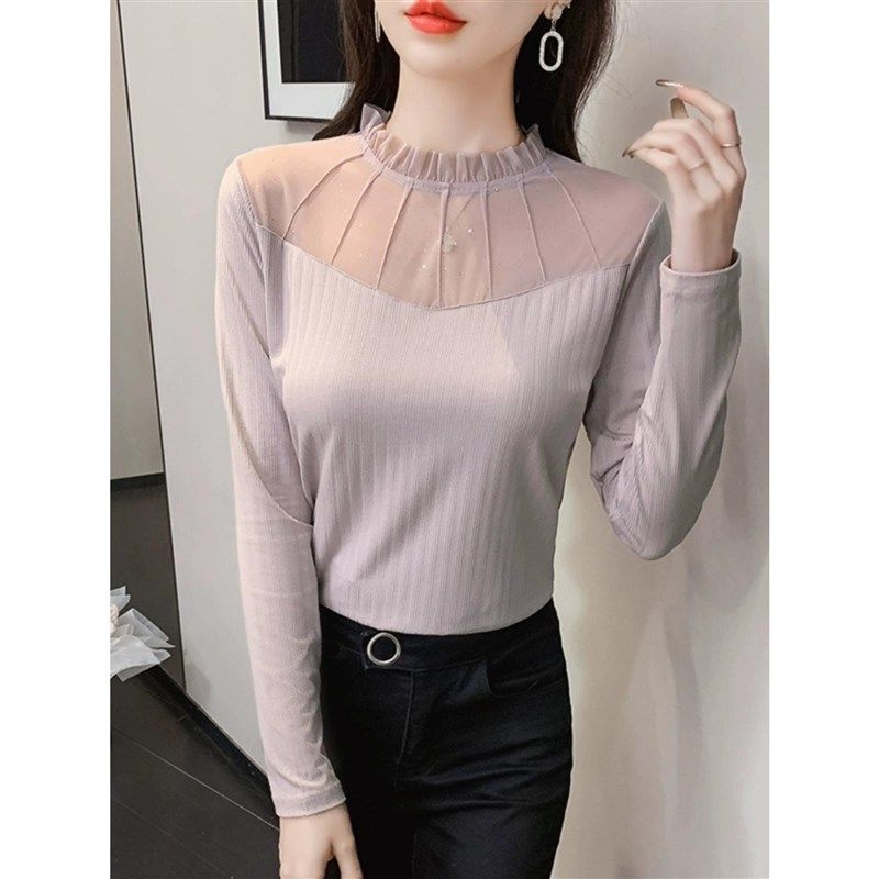 时尚网纱拼接内搭修身上衣小衫半高领蕾丝打底衫女春秋新款长袖,淘宝优惠券,粉丝福利购,淘宝优惠卷