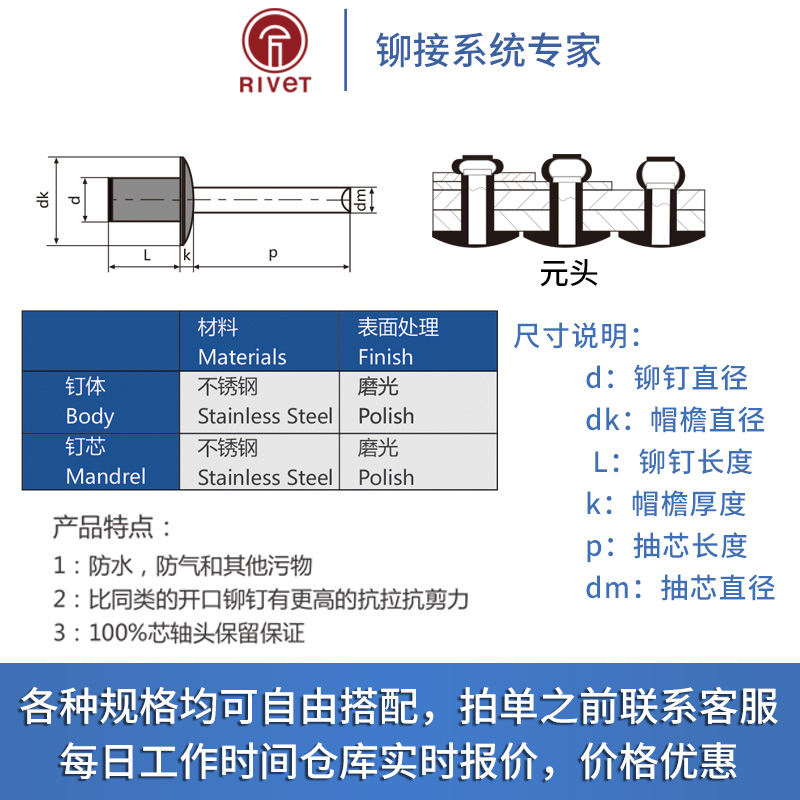 全不锈钢封闭圆头/元头抽芯铆钉3.2/4/GB12615QBF1防水拉铆钉柳钉