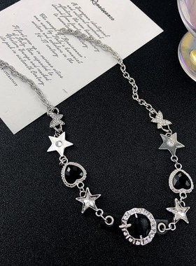 甜酷辣妹风美式镶钻爱心蝴蝶项链女轻奢高级感时尚U气质百搭锁骨