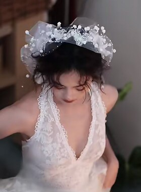 法式优雅新娘头纱超仙森系花环发箍拍照结婚主纱领证登记珍珠发饰
