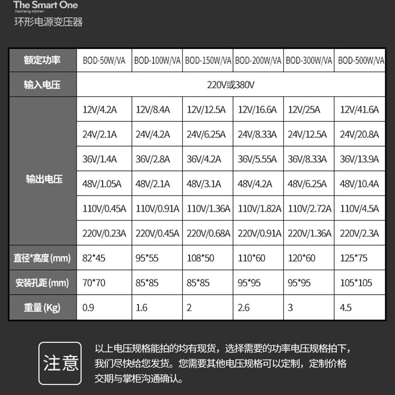 50W100cW200W300W220V转变12V18V24V36V48V60V110V环形变压器定制 - 图0