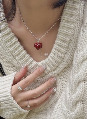 韩国红色滴釉爱心项链女锁骨链纯银高级感轻奢小众2024年新款爆款