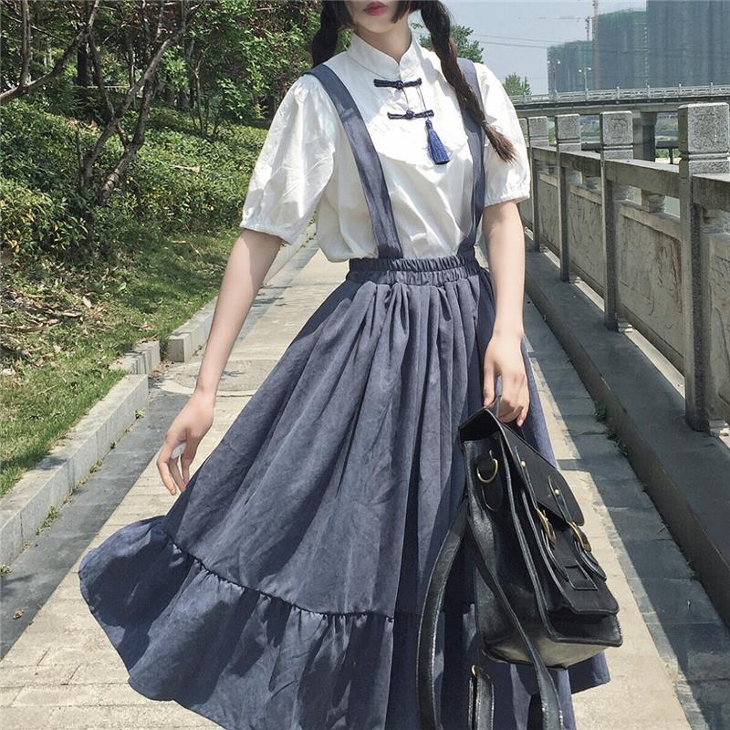 新品New Sweet Women Skirt Preppy Style Strap Long Skirt Ruff - 图0