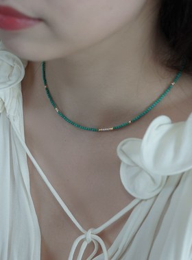 小众设计绿松石碎金子珍珠项链复古少女叠戴锁骨链通勤轻奢50188