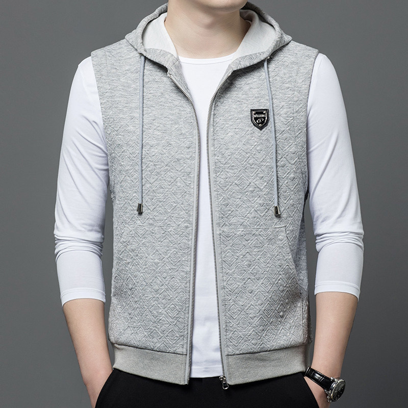 男士连帽背心背心2023春秋季薄款无袖卫衣提花马夹坎肩开衫外套潮,淘宝优惠券,粉丝福利购,淘宝优惠卷