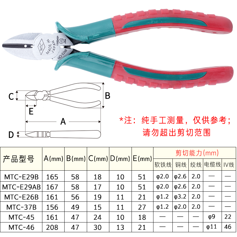 新品日本进口MTC-45/46/47电缆剪E26B斜口钳E29AB多用尖嘴钳37B电 - 图2