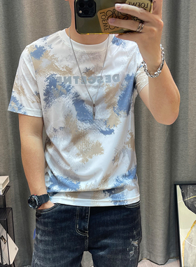 潮牌男夏季新款满身印花体恤衫修身半袖冰感男装衣服冰丝短袖t恤
