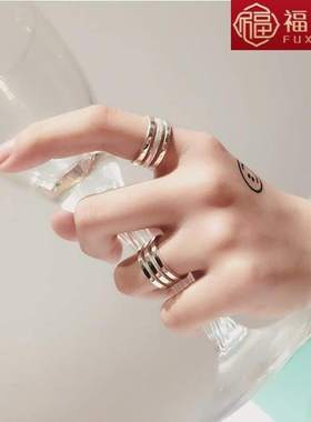 情侣对戒活口戒指食指三圈潮人男女简约情人节礼物镀银饰品