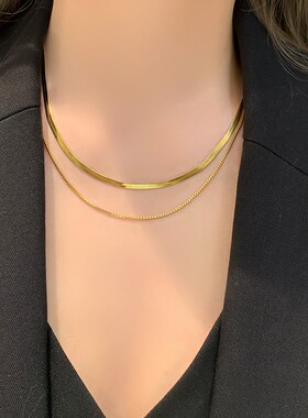 现货欧美INS高级感钛钢双层叠带蛇骨链项链时Q髦谷爱凌同款颈链不