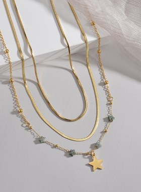 法式14K金跨境多层叠戴不锈钢项链五角星串珠R个性时尚吊坠锁骨链