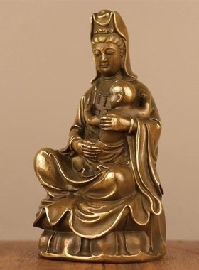 黄铜送子观音菩萨求子供奉家用摆件普陀山坐莲观世音娘娘仿古佛像