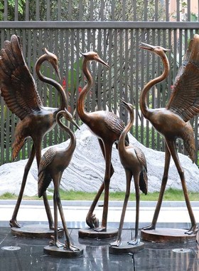 仿铜仙鹤玻璃钢雕塑庭院水池造景动物抽象丹顶鹤白鹭景观装饰摆件