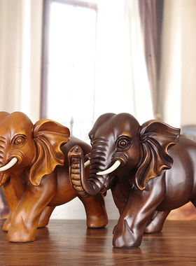实木雕大象摆件公母象一对木质工艺品客厅电视酒柜装饰品乔迁礼品