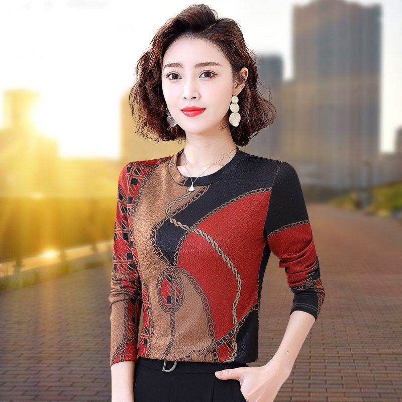 打底衫女妈妈洋气长袖圆领t恤2021年H春秋新款百搭中年上衣弹力潮