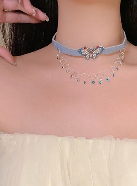 y2k千禧辣妹镶钻蝴蝶皮绳choker小众高级感项链甜酷设计感锁骨链