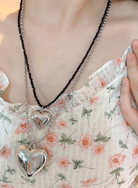 韩国银色爱心黑色水晶吊坠项链锁骨链女潮款爆款长卫衣链夏天配饰