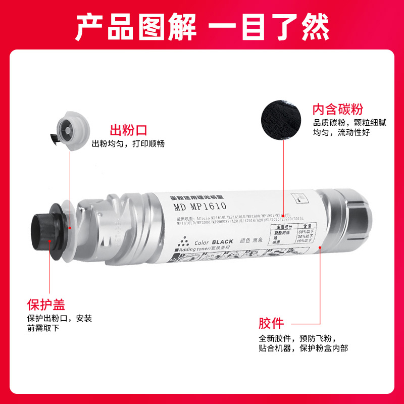 极速适用理光1610粉盒MP1812L 2000SP/LN 2012LD 1911碳粉1800 18 - 图2