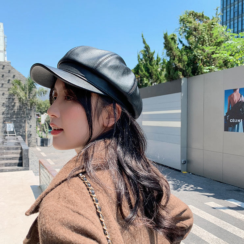 速发Fashion Leather Newsboy Cap Quality Artist PU Leather Fe - 图2