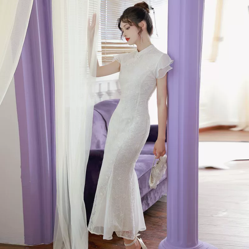 Кимоно cheongsam, белое платье, подружке невесты, китайский стиль, с вышивкой
